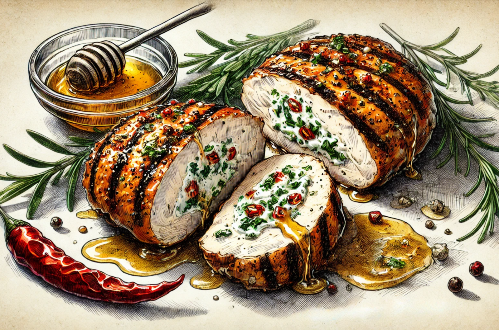Grilled Chicken Stuffed with Chili Honey Dill Cream